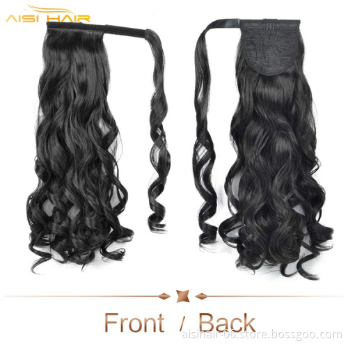 Aisi curly braiding ponytail hairpiece magic paste ombre brown burgundy tape clip in pony tail synthetic hair extension